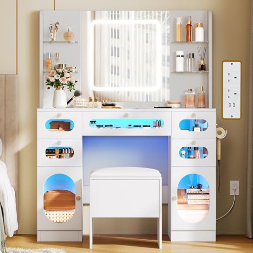 YITAHOME Schminktisch mit Beleuchtung, Schminktisch mit Spiegel und Steckdosen 3 Farben mit Einstellbarer Helligkeit, RGB Schminktische mit Hocker Schubladen Weiß Make Up Tisch, Frisiertisch