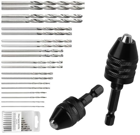 Set di 2 adattatori per mandrino, codolo esagonale da 1/4, mandrino a sgancio rapido, 0,3 – 6,5 mm e 0,3 – 3,6 mm, 3 ganasce senza chiave, set di attrezzi per la conversione con 20 punte HSS
