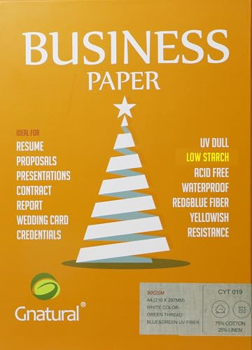 Business-Papier, 90 g/m², 75 % Baumwolle, 25 % Leinen, A4-Größe, weißes Druckpapier, 100 Blatt mit grünem Faden und UV-sichtbaren Fasern (geringe Stärke)