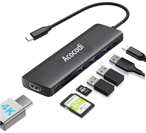USB-C-Hub mit 7-in-1HDMI-4K-Display-Anschluss, 3 USB 3.0-Anschlüssen mit 5 Gbit/s, SD-/TF-Kartenleser und USB-C-Ladeanschluss, kompatibel mit von Geräten wie Mac-Book Air/Pro, De-ll, Pad Pro
