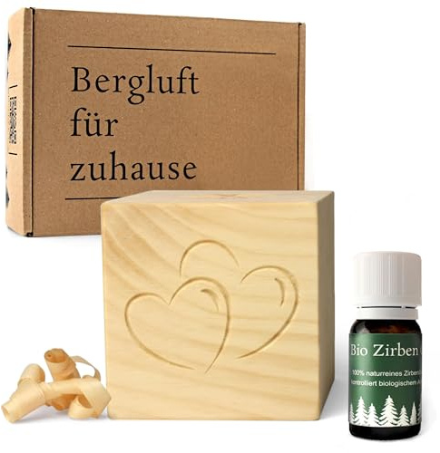 Zirben-Würfel Duft-Set | Zirbenholz-Würfel mit Motiv und Tropfstruktur + Zirben-Öl (10 ml) | Duftspender aus Holz (Herz)