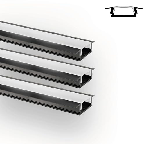 INNOVATE E-12 SLIM LED Einbauprofil 2m Schwarz 3 Stk. 17mm Diffusor Milchig | LED Einbauprofil Aluminium für LED Streifen 2m 12mm I Kühlkörper Indirekte Beleuchtung Wohnzimmer I Alu Einbauprofil Möbel