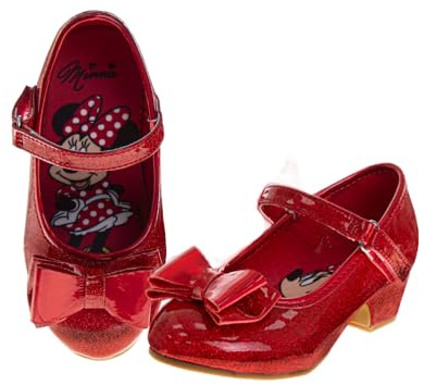 Disney Mary Jane Girls Flat Strap Bowknot Princess Costume Flower Costume School Party Slip On Toddler Shoes, Red Minnie, 16.0 cm