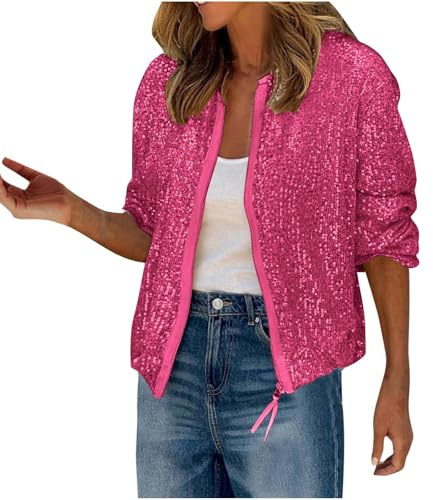 Pailletten Jacke Damen Bunt Glitzer Bomberjacke Glitzernde Jacken Langarm Glänzend Glitzer Bomber Jacke Kurzer Reißverschlussmantel Pailletten Blazer Rave Outfit Metallisches Festival Mantel Jacket