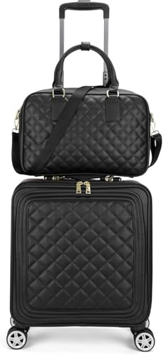 feilario 2-teiliges Reisegepäck-Set, Leder, Softside, Handgepäck, doppelte Spinnrollen, karierter Koffer, A-Schwarz, 16in, Bussiness