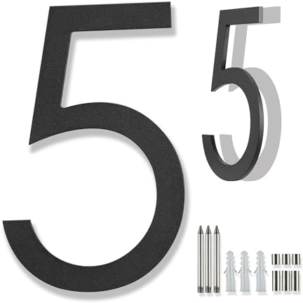 Hausnummer Schwarz Moderne 20 cm, Hausnummernschild große Hausnummern schwarze Zahlen für Hausadresse Outdoor mattschwarz bündige Montage Aluminium schwimmende hausnummer 5