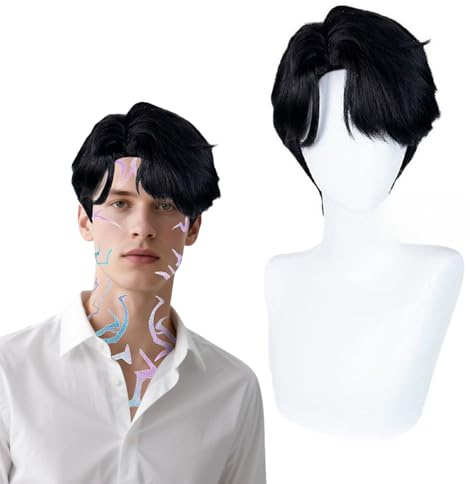 BOOSHMall Hunters Perücke Anime Kostüm Cospla, Mystery Boygroup Jinu Perücken für Männer, 6 Stück Demon Purple Hunter Temporäre Tattoos, Accessoires Karneval Party
