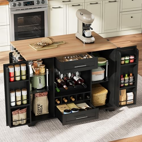 Küchenwagen mit klappbarer Arbeitsplatte, 120x45-70x92cm Kücheninselwagan auf Rollen,Schwarz Servierwagen Küche, Esswagen Küchentrolley mit Schubladen,Weinregal,Glashalter,Gewürzregal &Handtuchhalter