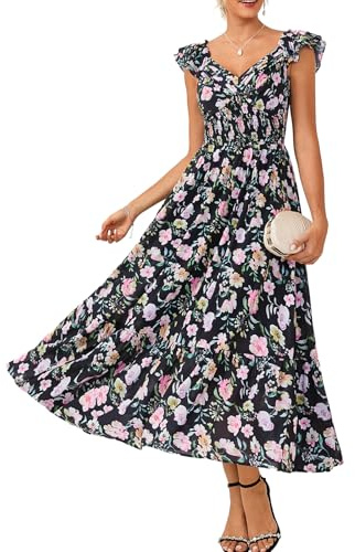 GRACE KARIN Ruffle Sleeves Floral Summer Chiffon Dresses Wedding Guest
