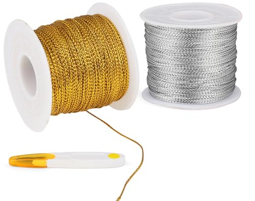 Ezydka 2 Rolle 1mm Goldener Faden 200m Metallic Kordel Basteln | Goldene Schnur Glitzerfaden Goldgarn für Geschenkverpackung DIY Dekoration Basteln