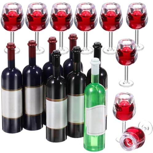 jojofuny Juego de 18 botellas de vino en miniatura, 1:12, accesorios para casa de muñecas, mini botella de champán y vasos de color rojo oscuro de plástico ABS, decoración de cocina de muñecas