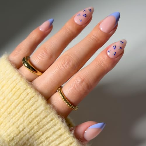Glamnetic Press On Nails - Bluebelle | Short Almond Fake Nails with Pale Blue French Tips & 3D Blueberry Accents on Semi-Sheer Base, Glossy Finish, Salon Quality | 15 Sizes - 30 Nail Kit with Glue