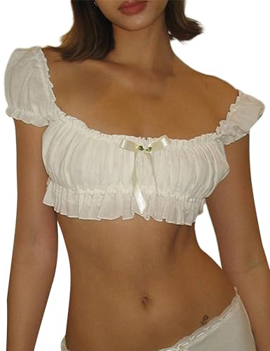 Women Off Shoulder Ruffle Trim Crop Tee Puff Sleeve Ruched Solid Color Cute T-Shirt Y2K Fairy Aesthetic Clothes