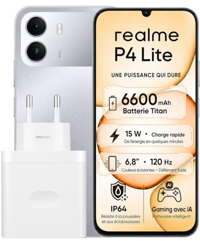 realme P4 Lite Smartphone, 4+128 GB, Batería Titan 6600mAh, Pantalla 6.8 120Hz, hasta 12GB RAM Dinámica, Protección ArmorShell, Gran Batería Carga Rápida Móvil, Gris