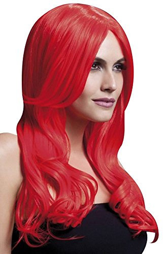 Smiffys Fever Kollektion, Khloe Perücke, 56cm/22in, Neon-Rot, Lang, Wellig mit Mittelscheitel Halloween