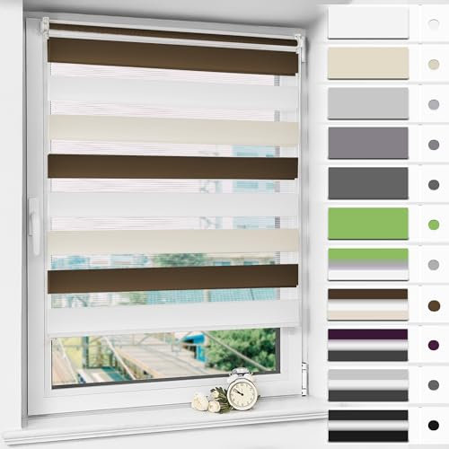 Magiea Doppelrollo Klemmfix ohne Bohren & mit Bohren, Weiß-beige-braun B70 x H150 cm Stoffbreite 66 cm, Klemmrollo lichtdurchlässig und Blickdicht, Fensterrollo Sonnenschutzrollo für Fenster