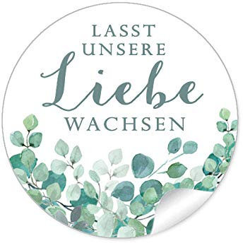 72 STICKER Hochzeit LASST UNSERE LIEBE WACHSEN EUKALYPTUS ZWEIGE GRÜN MINT WEIß Samentüten Blumentöpfe Reagenzgläser Gastgeschenk Deko Selbstgemachtes 4cm rund matt