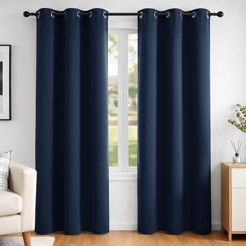 Deconovo Verdunkelungsvorhänge, wärmedämmend, kältebeständig, 107 x 242 cm (Breite x Höhe), Vorhänge für Wohnzimmer und Schlafzimmer, modernes Design mit Ösen, Marineblau, 2 Stück