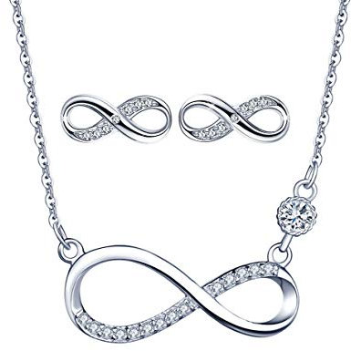 Yumilok 925 Sterling Silber Damen Halskette Kette mit Unendlichkeit Infinity Symbol Anhänger Zirkonia Ohrstecker Ohrringe Creolen Schmuck Set für Frauen Mädchen Roségold