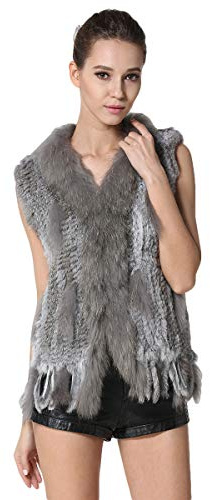 KAISHIN Mode Echt Gestrickte Kaninchenfellwesten für Frauen Allgleiches Beiläufig Waschbär Pelzkragen Westen