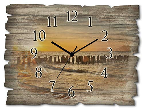 ARTLAND Wanddeko Wanduhr ohne Tickgeräusche aus Holz Quarzuhr 40x30 cm Rechteckig Lautlos Strand Meer Sonnenuntergang Ostsee Maritim T3ZU
