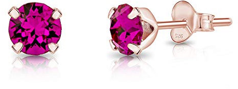 Pendientes Mujer Fucsia en Plata de Ley 925 Chapados Oro Rosa con Cristales Swarovski 5 mm - Pendientes Pequeños Oro - Pendientes Fucsia