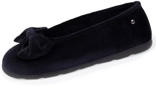 Isotoner Chaussons Ballerines femme nœud coton bio semelle cuir | Pantoufle Technologie EVERYWEAR brevetée offrant une semelle ultra confortable, légère et souple.