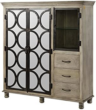 Massivmoebel24.de | Hermitage - massives Highboard | mit Weinglashalter | grau - lackiert | Mangoholz - Eisen | 150x45x160 | 3 Türen - 4 Fächer - 3 Schubladen | Hochkommode