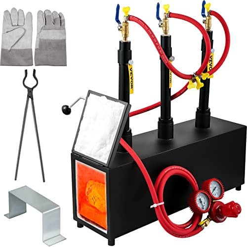 VEVOR Forja de Cuchillos de Propano Manta Aislante Zr-Al Forja de Propano 15 L 16,3 kg Fragua Herradora 620 x 180 x 235 mm con una Puerta, 3 Ladrillos Refractarios, un Marco de Soporte, 3 Quemadores