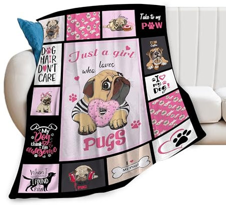 Niedliche Mops-Decke, Welpen, Hundedecke, Tier-Fleecedecke, Überwurf, weich, gemütlich, rosa, Decke für Bett, Sofa, Couch, Geschenke für Kinder, Jungen, Mädchen, Haustiere, 127 x 101 cm