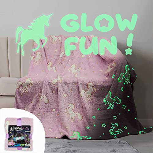 HOME KOKO LOOK Glow Fun! 130X150cm Kinder Kuscheldecke Leuchtet Im Dunkeln Flausching Decken Leuchtende Kuscheldecke Ganzjahresdecke Weinachtsgeschenkeidee Decken Kinderwagen und Reisedecke - Einhorn