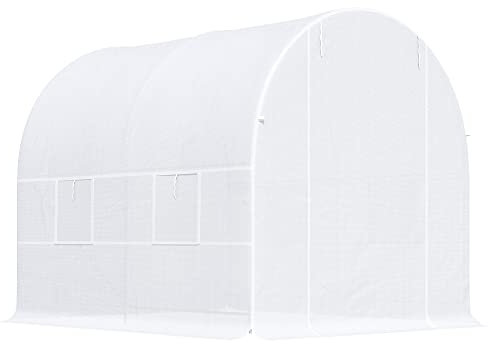 Outsunny Invernadero de Exterior 2,5x2x2 m Invernadero de Túnel con 4 Ventanas de Malla y Puerta Enrollable con Cremallera Invernadero de Huerto Anti-UV para Patio Jardín Blanco