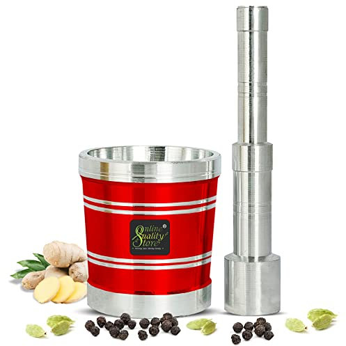 Online Quality Store okhli and musal/Kitchen Masher, Mortar and Pestle Set/Aluminium Masher/Khallad/khalbatta for kitchen/imam dasta/Spice Mixer(Red,Aluminium)