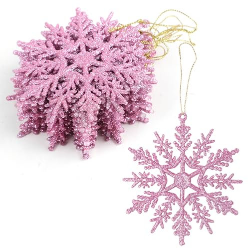 VEYLIN Christmas Hanging Decorations, 12PCS Glitter Snowflake Ornaments for Trees (Pink)