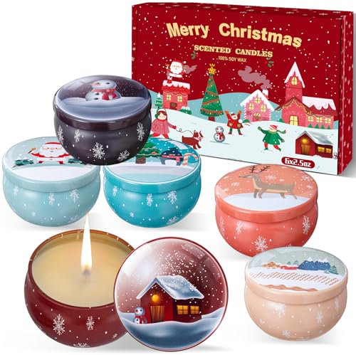 Duftkerzen Weihnachten Geschenkset,Tragbares Blech Geschenkset im 6er-Pack,Lange Brennstunden, Natürliches Sojawachs mit ätherischen Ölen Kerzen, Geschenk für Frauen, Unparfümiert