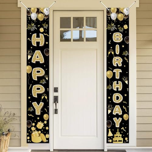 Koliphy Geburtstag Deko, Happy Birthday Banner, Geburtstag Tür Banner für Männer Frauen, Verdicken Stoff Geburtstagsbanner Dekoration für Drinnen Draußen, 180x30cm, Schwarz Gold