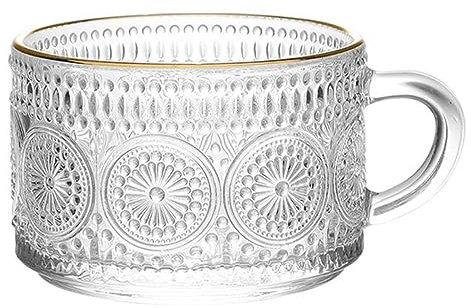 GizellMG Mug au Lait Bouteille d'eau Doré en Cristal Grande Tasses à café Verre à shot Joli Tournesol Verre Hobstar Verre à eau Verre Transparente avec Anse 350 ml / 35 cl (4PCS)