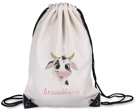 timalo® Kinder Turnbeutel personalisiert mit Namen | Sportbeutel bedruckt | süße Tiermotive | Kindergarten Stoffbeutel Geschenke Mädchen Jungen | 46- Kuh