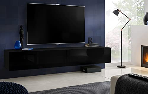 Komodee, TV-Bank Loreto, Schwarz glänzend/Schwarz matt, Breite 200 cm x Höhe 30 cm x Tiefe 41,5 cm, Stil Modern/Minimalistisch, für Wohnzimmer, Schlafzimmer