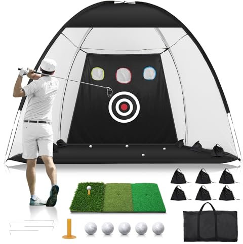 Golf Net: 10x7FT Golf Practice Net for Backyard Driving, Golf Hitting Net with Tri-Turf Golf Mat, Indoor Golf Training Chipping Aid Nets with Reduce Noise Nylon Target, Gifts for Him