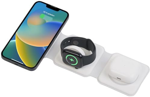 Callstel Ladestation Handy: 3in1-Ladestation für iPhone, AirPods, Apple Watch, MagSafe-kompatibel (Qi-iPhone, Handyladestation für Apple, Kopfhörer Adapter)
