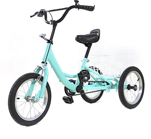 TFIANYNI Dreirad Fahrrad Kinder, Kinderfahrrad Single Speed, Dreirad Fahrrad Mit Korb, Mit 3 Rädern Für Kinder, Kohlenstoffreicher Stahl, Klemmbremse, Geschenk (Hellgrün, 14Zoll)