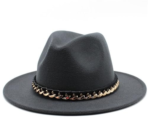 NOAMED Fengyan Mützen für Damen, Winter, warm, Triby, Wollfilz, Fedora-Hüte, schlicht, Unisex, modisch, Frühling, schwarz, Jazz-Hut mit Kette, dunkelgrau, 56/58 cm