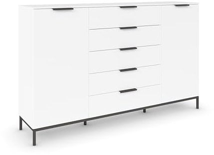 Rauch Möbel Flipp, Kombikommode, Kommode mit Stauraum für Wohnzimmer, Schlafzimmer, Flur, 4 Fachböden, mit Metallkufe Graphit, Alpinweiß, 2-türig, 5 Schubkästen, Griffe Graphit, 180x111x42cm