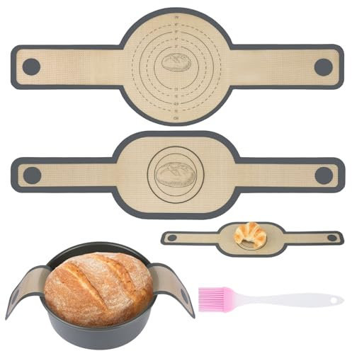 2 Stück Silikon Backmatte für Dutch Oven, Backmatte Brot mit Langen Griffen, Silikonmatte Backen mit 3 Schaber und 1 Gewürzpinsel, Wiederverwendbare Backunterlage Silikon für Teig