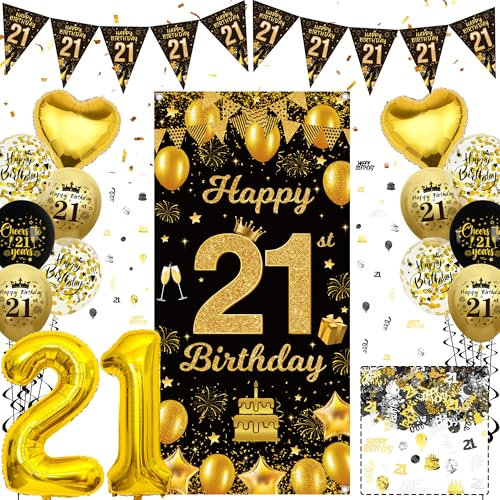 21st Birthday Decorations for Men - Black Gold 21st Birthday Door Banner Triangle Bunting Flag, Latex and Foil Balloons, Confetti, Happy 21 Years Old Theme Party Supplies for Her and Him