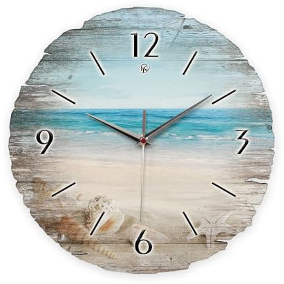 Kreative Feder Runde Wanduhr „Südsee-Strand“ aus Naturholz mit flüsterleisem Uhrwerk; Durchmesser 30cm (Südsee-Strand, leises Funkuhrwerk)