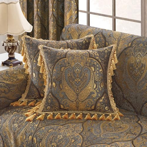 Loom and Mill 1 x luxuriöser Zierkissenbezug mit Quasten, Jacquard-Damast-Kissenbezüge für Wohnzimmer, Schlafzimmer, Sofa, Couch, Stuhl, 50,8 x 50,8 cm, Bronze-Gold