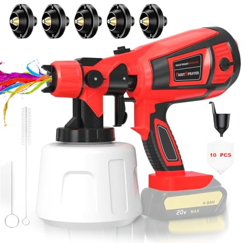 TOPALL Pistola per Verniciare Elettrica, 200W 32000PRM 1000ML HVLP, 3 Modelli, 5 Ugelli in Rame, Professionale, Rosso