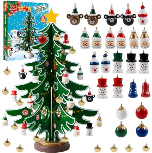 Advent Calendar 2024 Christmas Tree Building Blocks Wooden 36 Ornaments Decoration Gnome Snowman 24 Days Christmas Countdown to Christmas Tree Xmas Advent Calendar Boxes to Fill for Kids Grils Boys